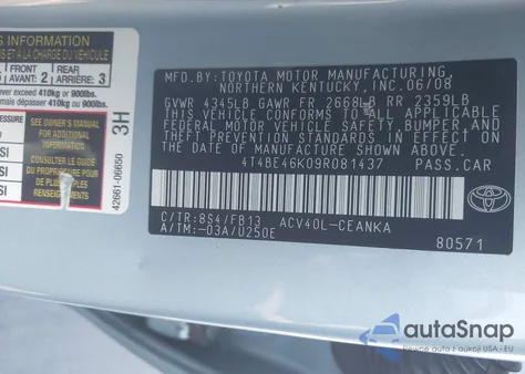 2009 Toyota Camry Le z USA, uszkodzony, nr VIN 4T4BE46K09R081437